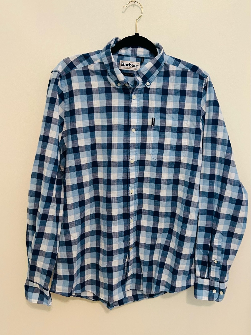 Barbour Button Down Shirt Mens Small Blue Plaid Tailored Fit Long Sleeve Cotton